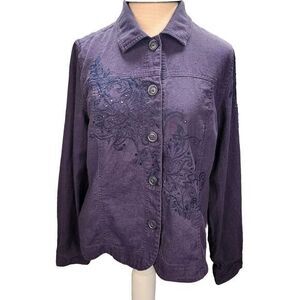 Appleseed's Women's Petite‎ Button Up Large Linen Blend Embroidered Collared
